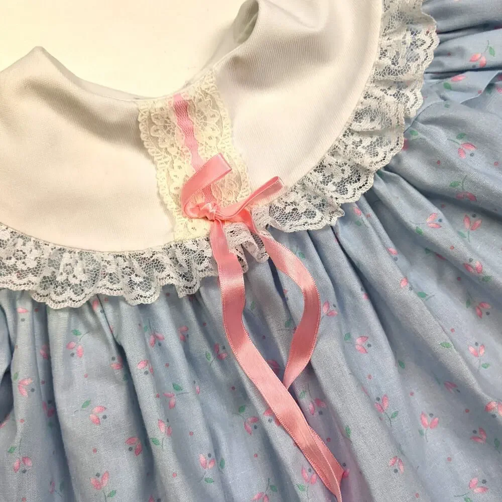 Vintage Bryan Dress Baby Girls Sz 12m Blue Floral Dainty Frilly Spring 80s